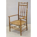 Light Beechwood Country Chair with Open Arms, Turned Supports and Rush Seat