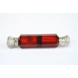 19th Century Cranberry Glass double ended Scent bottle with White metal fittings, approx 12.5cm long