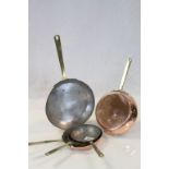 Set of Five Copper Graduating Frying Pans with Brass Handles