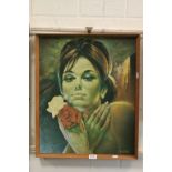 Retro J H Lynch Print of a Lady holding Roses, 58cms x 48cms, teak framed