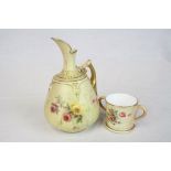 Royal Worcester miniature blush ivory Twin handled Mug with hand painted Floral decoration & an Ewer