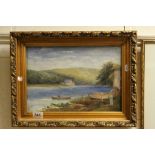 Oil on Canvas of Boats and Figures by Lake, unsigned, 25cms x 35cms, gilt framed