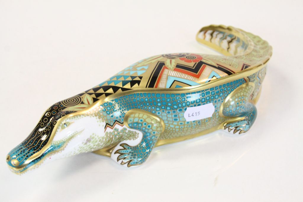 Royal Crown Derby ceramic "Alligator" Paperweight, approx 26cm long with silver stopper