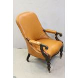 Mid Victorian Gentleman's Library Chair with Scroll Arms and Turned Front Legs with Castors and