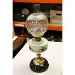 Late 19th / Early 20th century Oil Lamp with Etched Bulbous Glass Shade and Green Painted Glass
