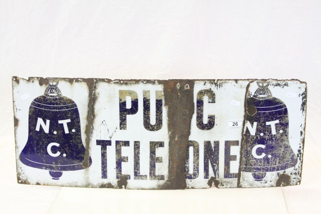 Vintage Blue & White Enamel "Public Telephone" sign approx 91.5 x 30cm and in poor condition, now in