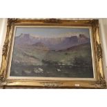 Large Oil Painting on Board of a Mountain Ridge and Stream to foreground, indistinctly signed Jack