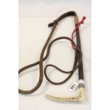 Vintage Hunting Whip with faux Antler metal grip & plaited Leather Whip, total length approx 215cm
