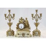 Religious theme Gilt metal & Alabaster Mantle Clock with Candlestick garnitures approx 40cm tall