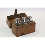 Vintage Hunting style Leather cased three Glass Bottle Spirit Flask holder, each with Chrome tops,