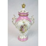 Dresden hand painted & Gilt twin handled Vase with cover depicting a Couple in Classical dress & a