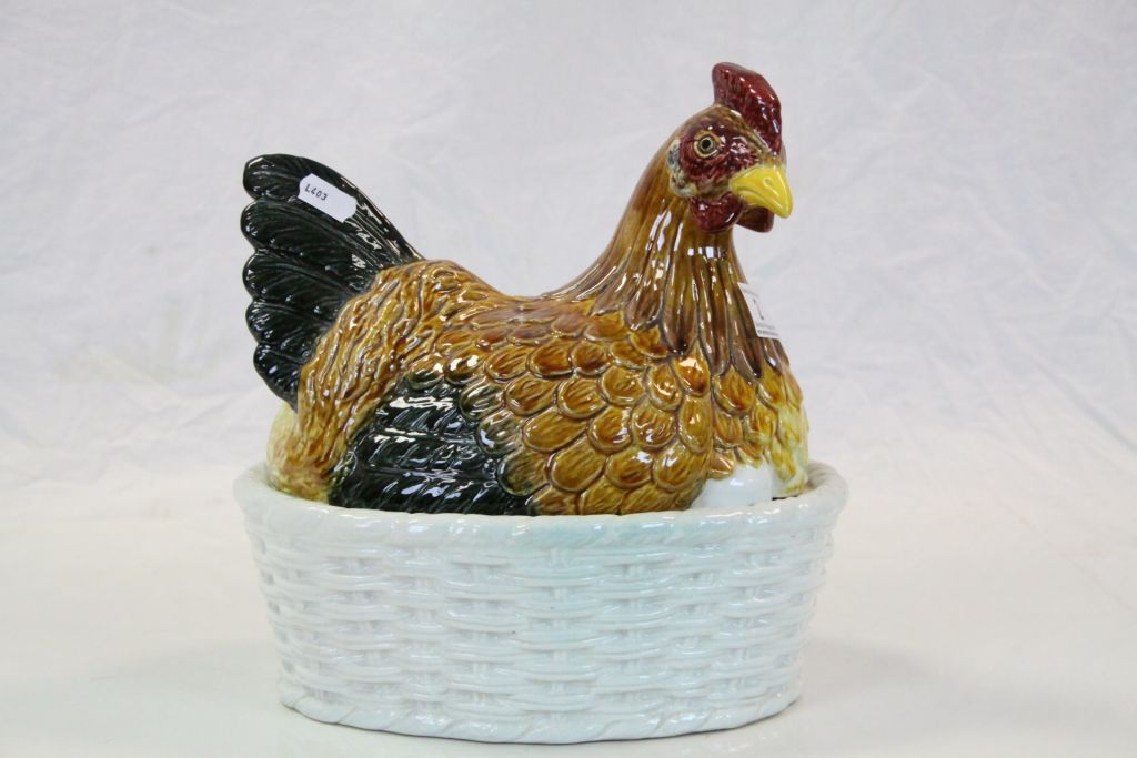 Large vintage Portuguese "Nesting Chicken" ceramic Egg basket, stands approx 28cm with impressed