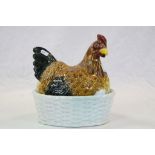 Large vintage Portuguese "Nesting Chicken" ceramic Egg basket, stands approx 28cm with impressed