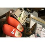 Large Pair of Red Painted Dutch Wooden Clogs, 28cms, a Metal Door Stop in the form of a Fish, a