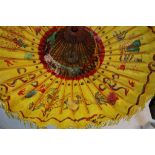 Large Oriental Fabric and Paper Lined Parasol painted to interior with Bamboo Handle and Wooden