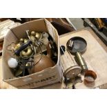 Box of mixed brass and copper ware to include vintage electric kettle and lead