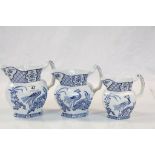 Three Wood & Sons blue & white graduating ceramic Jugs in "Yuan" pattern, the largest approx 17cm