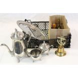 Three piece silver plate coffee set on tray together with Collection of Bells including Brass