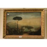 Late 19th century Oil Painting on Canvas of Hillside with Town and River Valley Landscape Scene,