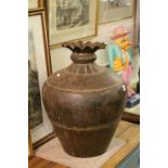 Large Metal Bulbous Urn with Fluted Narrow Neck, 54cms high