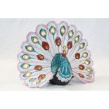 Large Italian hand painted Ceramic model of a Peacock, approx 48cm across the tail
