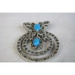 Silver and marcasite and turquoise paneled pendant necklace in the form of a butterfly