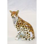 Royal Crown Derby seated "Leopardess" Paperweight with Silver stopper, stands approx 13.5cm
