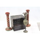 Bamboo Box, Pair of Painted Wooden Candlesticks and an Indian Brass Vase