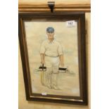 Cricket - a framed and glazed original pen, ink and watercolour artwork depicting Nat Hadley of