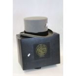 Gents Grey Top Hat with Silk lining marked for "Moss Bros" size 7 1/4 with card box for Lock & Co