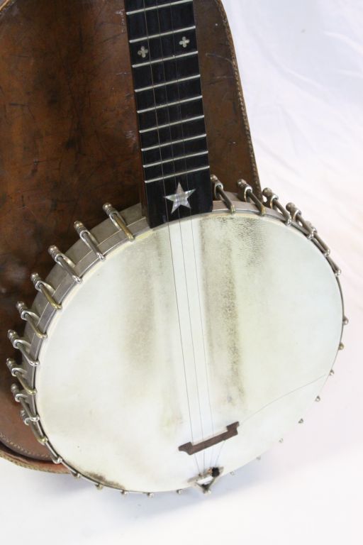 Late 19th Century American "Celebrated Benary" four string Banjo with Mother of Pearl inlay to the - Image 3 of 12