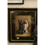 Framed oil painting study of a Jack Russell and Scottie Puppy