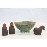 Thyssen Sweden Teracotta Horse & two Figures plus a Studio Pottery bowl with marks to base &