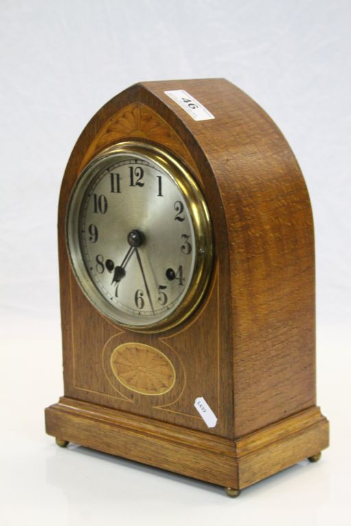 Edwardian Steeple topped Oak Mantle Clock with Marquetry inlay to the front, the movement marked " - Image 2 of 4