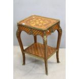 French Louis XV Walnut Marquetry Inlaid Side Table with Gilt Metal Mounts, single drawer to end