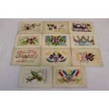 A Collection Of Eleven World War One / WW1 Embroidered Silk Postcards.