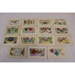 A Collection Of Fifteen World War One / WW1 Embroidered Silk Postcards.