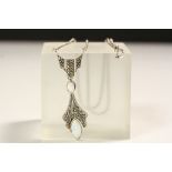 Silver Art Deco style pendant necklace set with marcasite's and opal