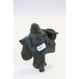 Heavily Patinated Oriental Bronze figure with Yoke and Goods over shoulders, stands approx 12cm