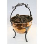 Arts & Crafts Copper and Wrought Iron Coal Bucket on Tripod feet & standing approx 52cm including