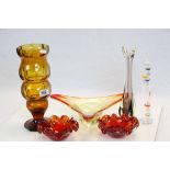 A group of art glass to include vases bowls and a galileo thermometer.