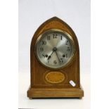 Edwardian Steeple topped Oak Mantle Clock with Marquetry inlay to the front, the movement marked "