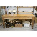 19th century Long Pine Kitchen / Dining Table raised on Turned Supports, 197cms long x 64cms wide