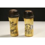 Two tall Oriental wooden and bone snuff bottles decorated with Geisha Girls