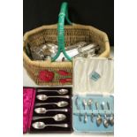 Collection of vintage Cutlery, to include Silver plate & Sterling Silver, in a wicker Basket