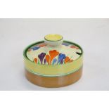 Clarice Cliff ceramic Preserve jar with lid decorated in "crocus" pattern, approx 10cm diameter