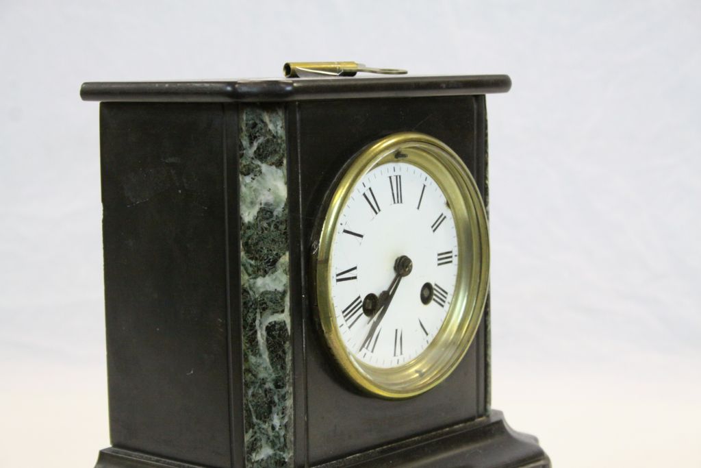 19th Century Striking Slate Mantle Clock with Green Marble detailing & Enamel dial with Roman - Image 2 of 4