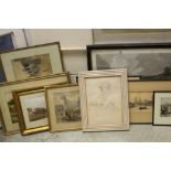 Quantity of watercolours, etchings etc to include etching of Chelsea by Hallawell, rural scenes