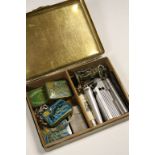 Vintage Brass "State Express" Cigarette box with wooden lining, containing various collectables to