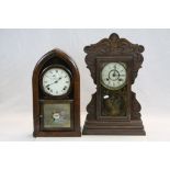 Antique carved oak gingerbread two train mantle clock and an antique Rosewood veneerer bracket clock